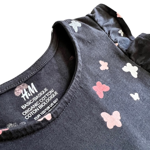 H&M Kids Butterfly Print Ruffle Sleeve Cotton Dress Black Silver Pink Sz 6X /7 - Picture 5 of 7